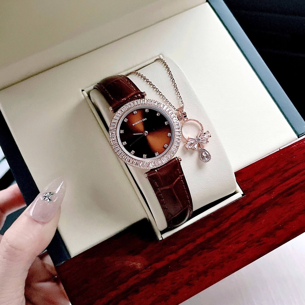 Set Đồng Hồ Nữ Roberto Era Chính Hãng Dây Da Nâu Viền Đá Rose Size 33mm RE1800 Tặng Kèm Dây Chuyền