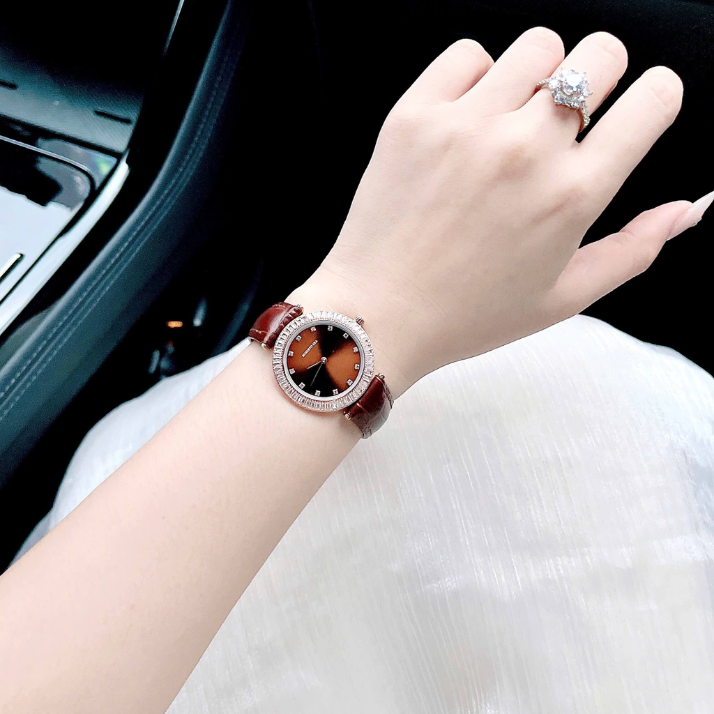 Set Đồng Hồ Nữ Roberto Era Chính Hãng Dây Da Nâu Viền Đá Rose Size 33mm RE1800 Tặng Kèm Dây Chuyền