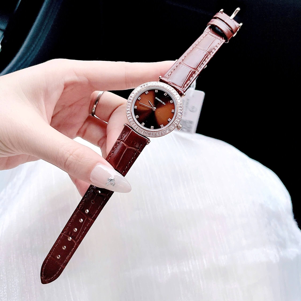 Set Đồng Hồ Nữ Roberto Era Chính Hãng Dây Da Nâu Viền Đá Rose Size 33mm RE1800 Tặng Kèm Dây Chuyền