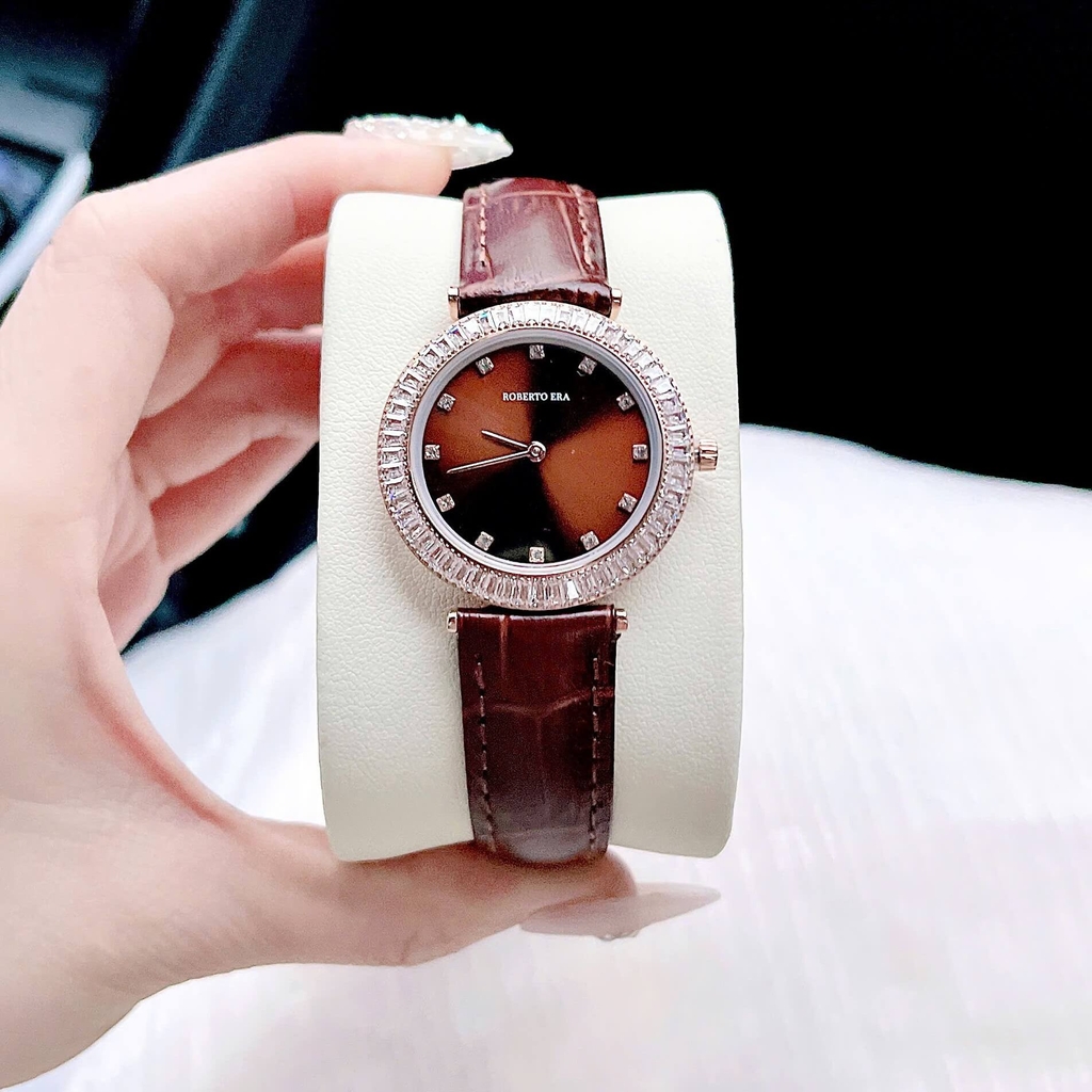 Set Đồng Hồ Nữ Roberto Era Chính Hãng Dây Da Nâu Viền Đá Rose Size 33mm RE1800 Tặng Kèm Dây Chuyền