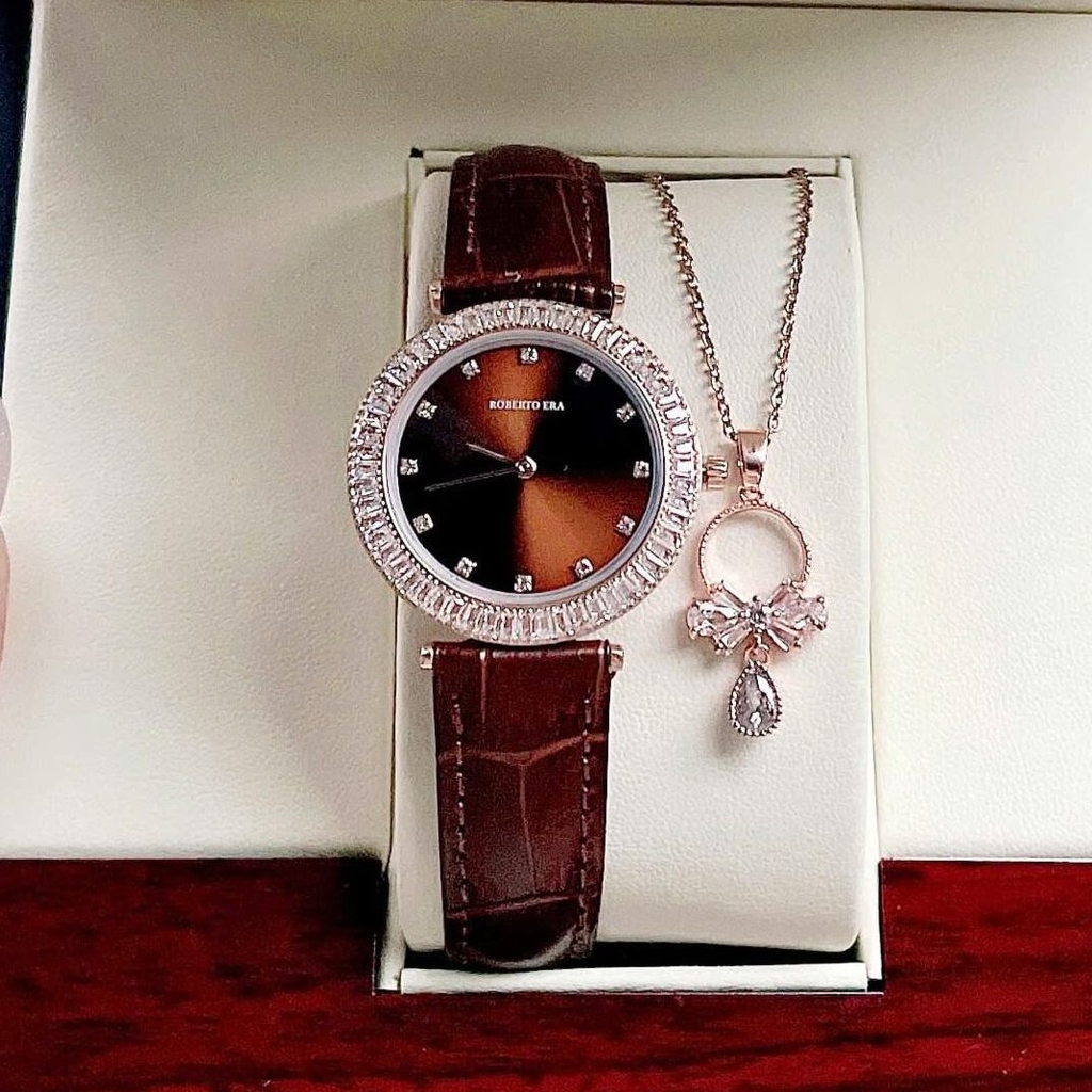 Set Đồng Hồ Nữ Roberto Era Chính Hãng Dây Da Nâu Viền Đá Rose Size 33mm RE1800 Tặng Kèm Dây Chuyền