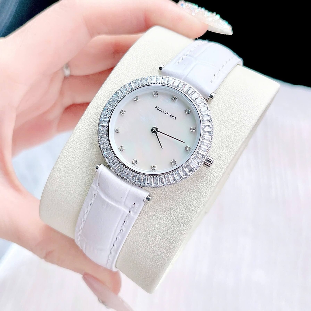 Set Đồng Hồ Nữ Roberto Era Chính Hãng Dây Da Trắng Mặt Xà Cừ Viền Đá Silver Size 33mm RE1803 Tặng Kèm Dây Chuyền