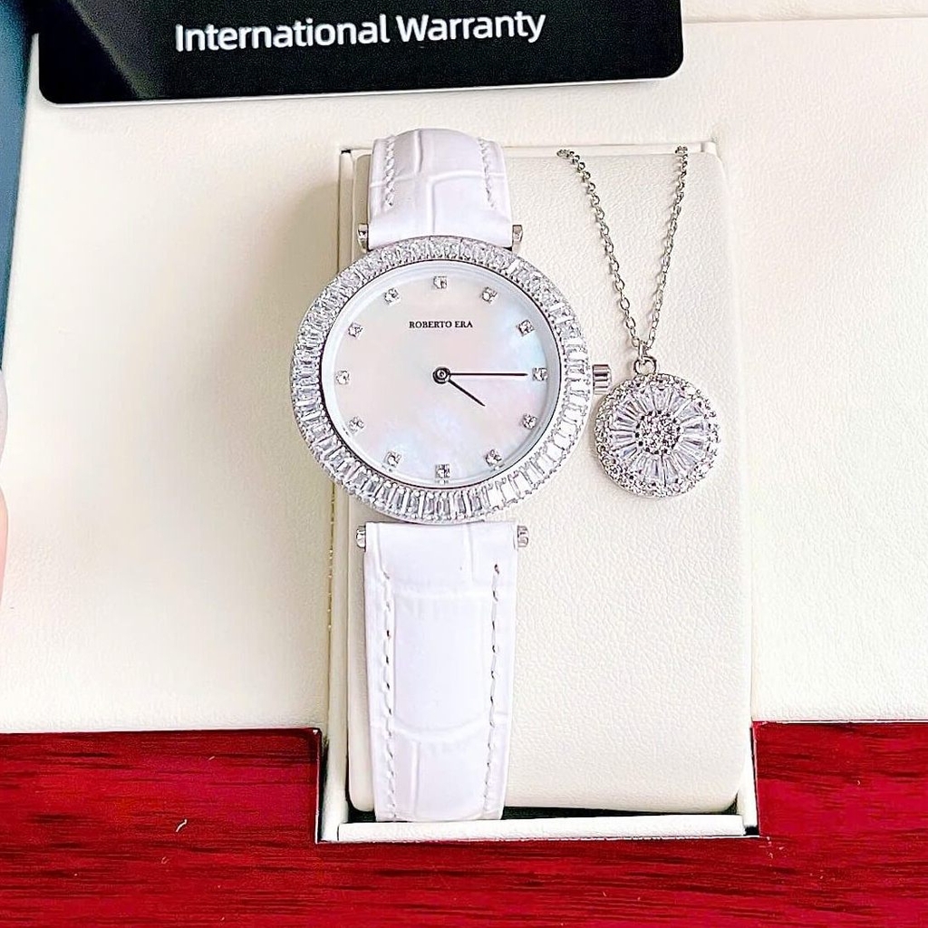 Set Đồng Hồ Nữ Roberto Era Chính Hãng Dây Da Trắng Mặt Xà Cừ Viền Đá Silver Size 33mm RE1803 Tặng Kèm Dây Chuyền