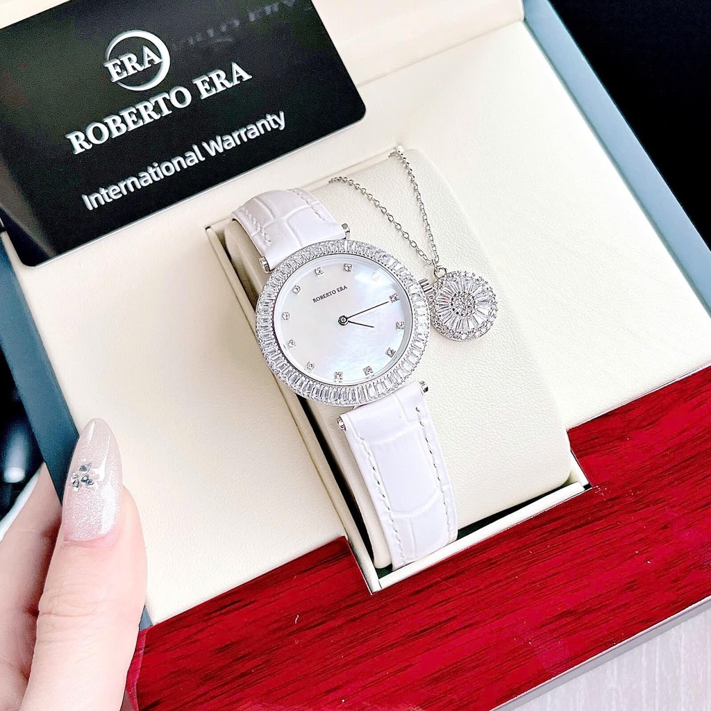 Set Đồng Hồ Nữ Roberto Era Chính Hãng Dây Da Trắng Mặt Xà Cừ Viền Đá Silver Size 33mm RE1803 Tặng Kèm Dây Chuyền