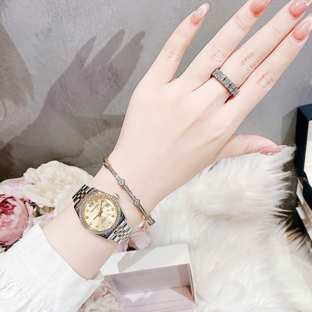 Set Đồng Hồ Nữ Roberto Era Chính Hãng Dây Demi Vàng Mặt Vàng Size 28mm Viền Đính Đá RE1202A Tặng Kèm Vòng Tay