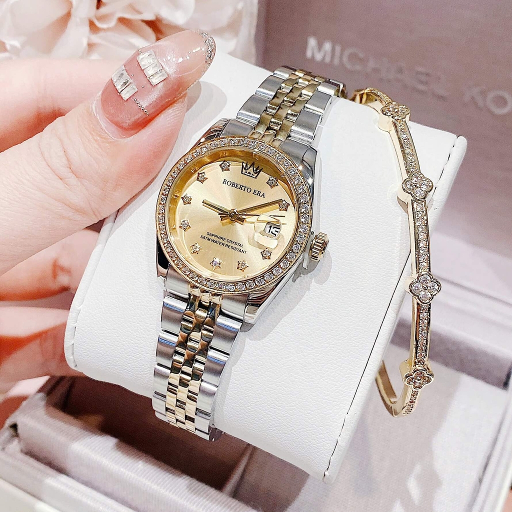 Set Đồng Hồ Nữ Roberto Era Chính Hãng Dây Demi Vàng Mặt Vàng Size 28mm Viền Đính Đá RE1202A Tặng Kèm Vòng Tay