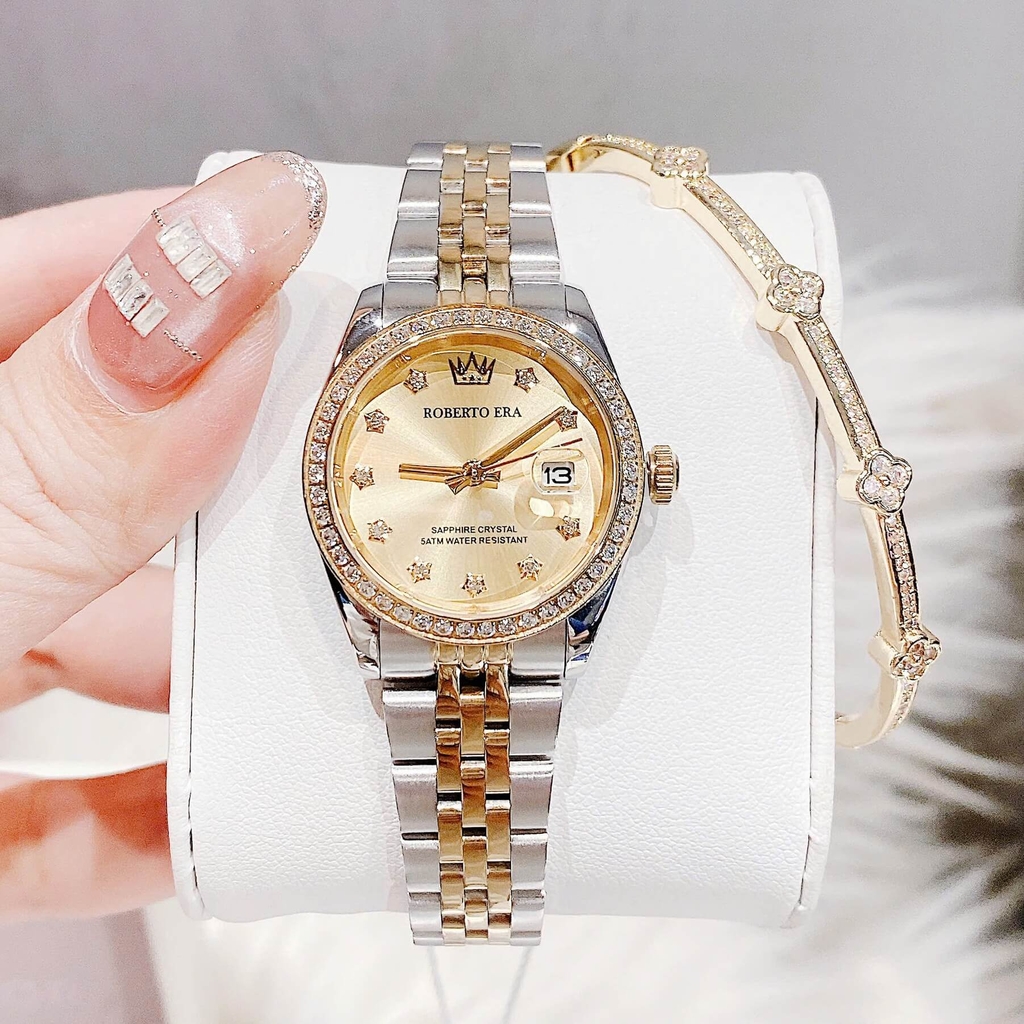 Set Đồng Hồ Nữ Roberto Era Chính Hãng Dây Demi Vàng Mặt Vàng Size 28mm Viền Đính Đá RE1202A Tặng Kèm Vòng Tay