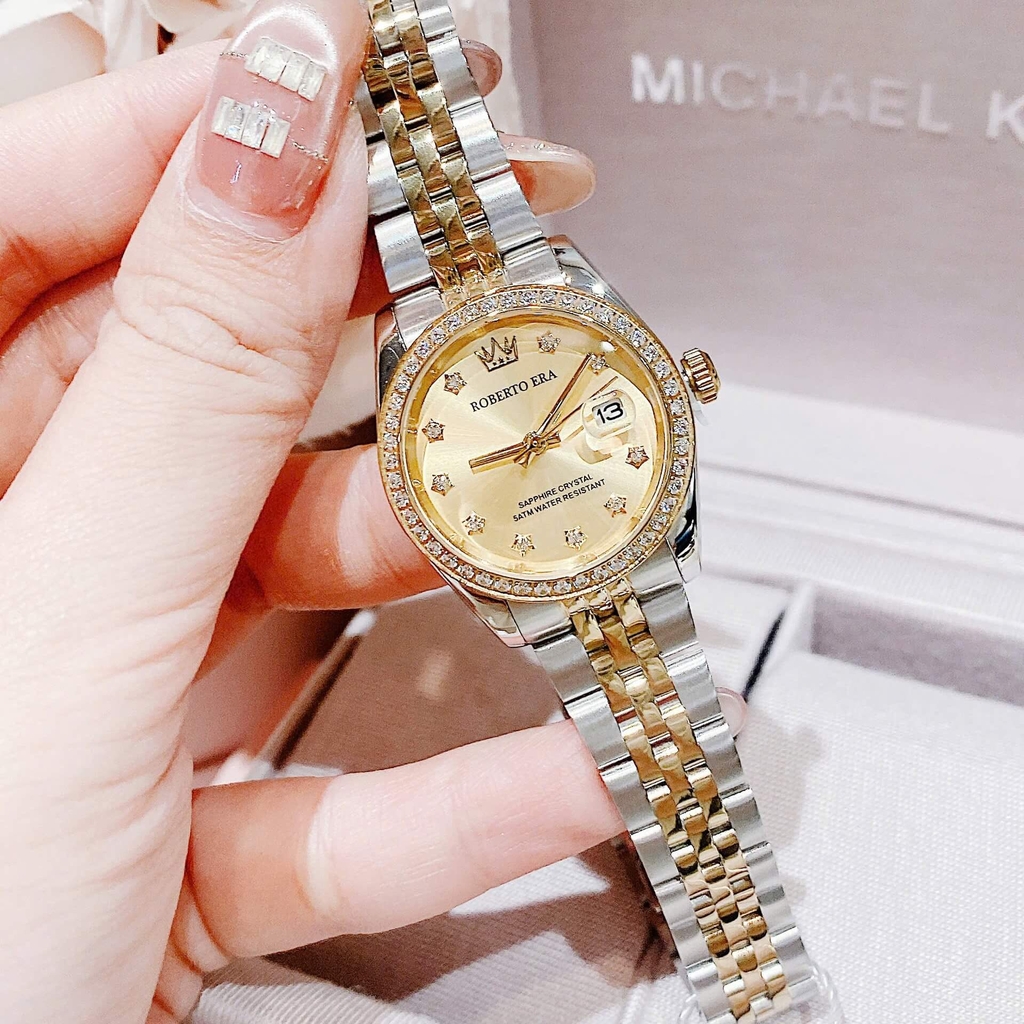 Set Đồng Hồ Nữ Roberto Era Chính Hãng Dây Demi Vàng Mặt Vàng Size 28mm Viền Đính Đá RE1202A Tặng Kèm Vòng Tay