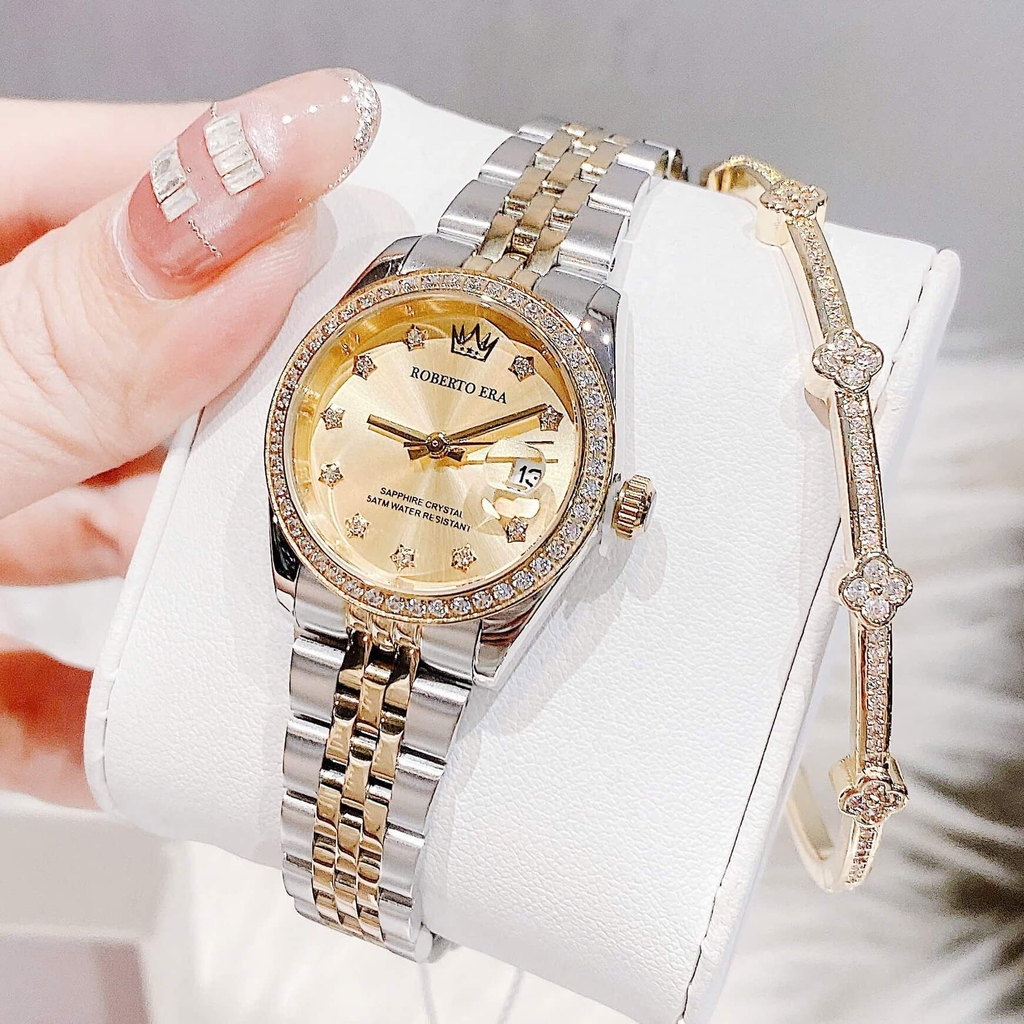 Set Đồng Hồ Nữ Roberto Era Chính Hãng Dây Demi Vàng Mặt Vàng Size 28mm Viền Đính Đá RE1202A Tặng Kèm Vòng Tay