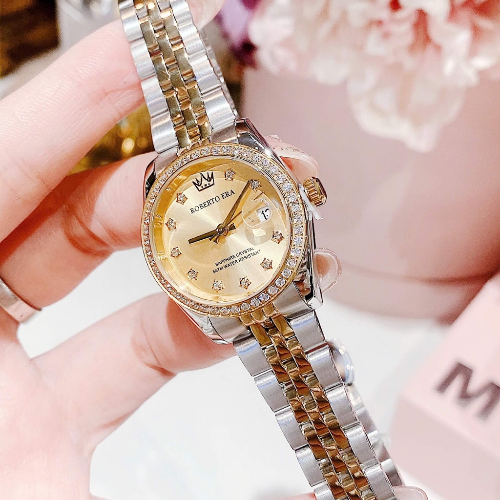 Set Đồng Hồ Nữ Roberto Era Chính Hãng Dây Demi Vàng Mặt Vàng Size 28mm Viền Đính Đá RE1202A Tặng Kèm Vòng Tay