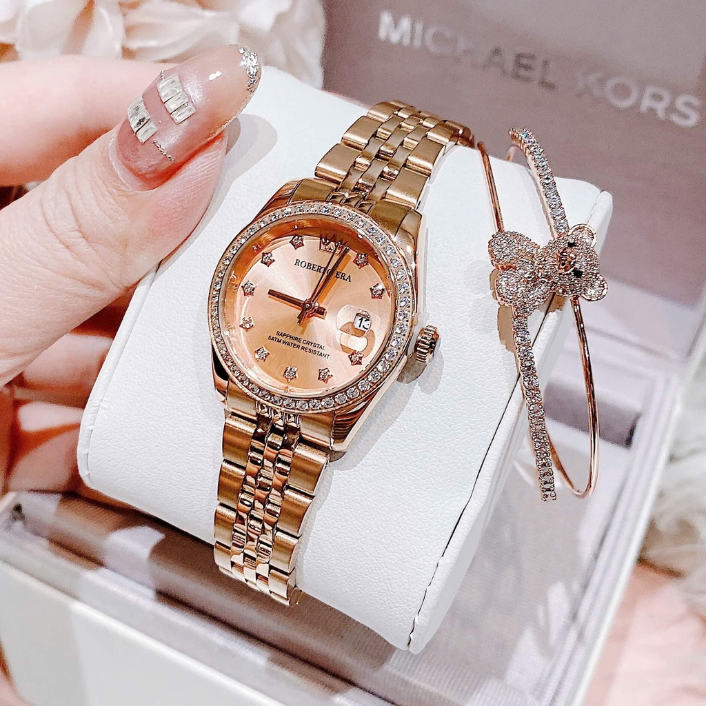 Set Đồng Hồ Nữ Roberto Era Chính Hãng Dây Thép Vàng Hồng Size 28mm Viền Đính Đá RE1203A Tặng Kèm Vòng Tay