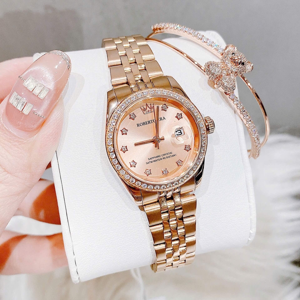 Set Đồng Hồ Nữ Roberto Era Chính Hãng Dây Thép Vàng Hồng Size 28mm Viền Đính Đá RE1203A Tặng Kèm Vòng Tay