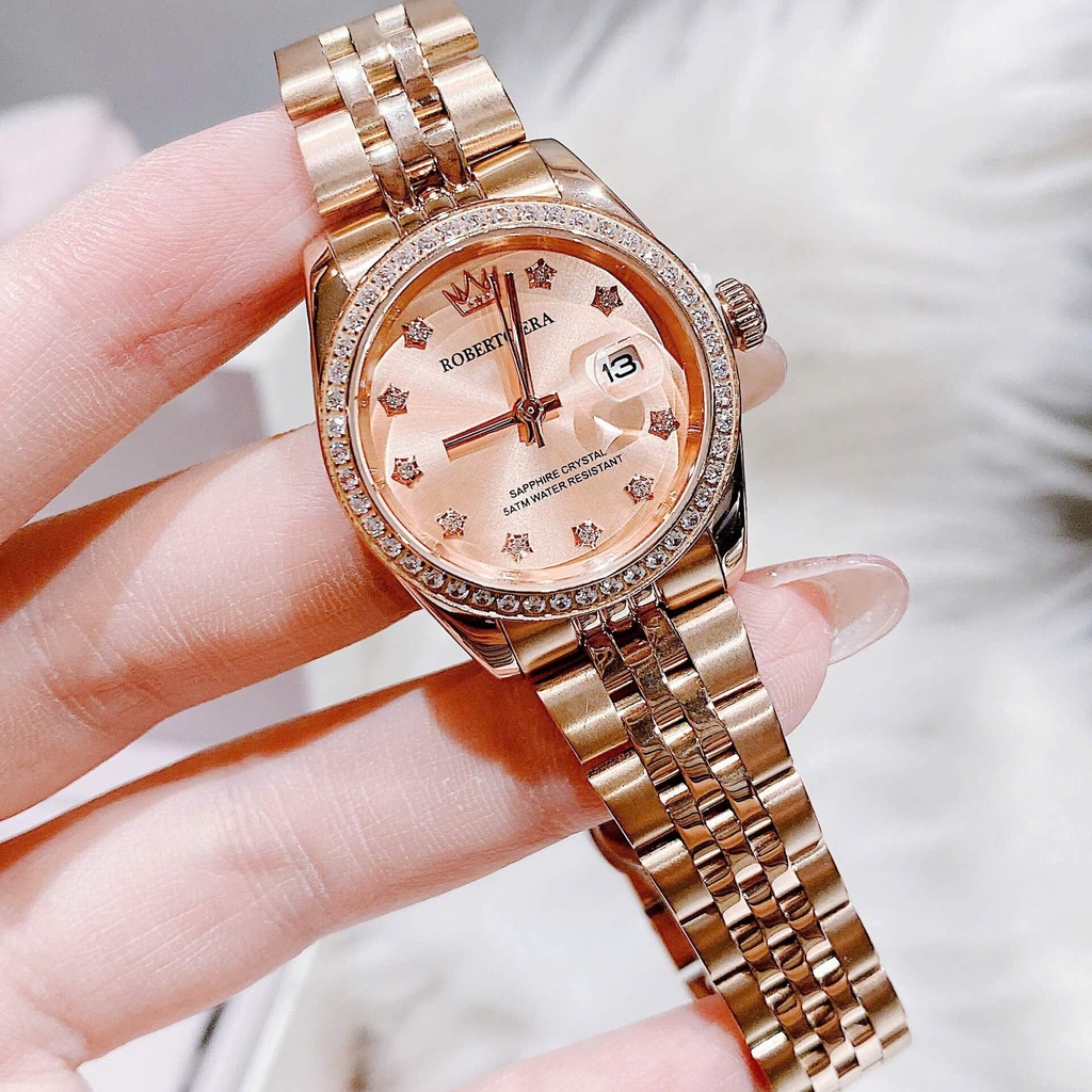 Set Đồng Hồ Nữ Roberto Era Chính Hãng Dây Thép Vàng Hồng Size 28mm Viền Đính Đá RE1203A Tặng Kèm Vòng Tay