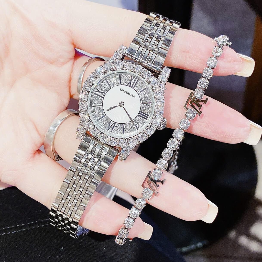Set Đồng Hồ Nữ Roberto Era Dây Da Đen Đính Đá Silver Size 32mm RE8344 Tặng Kèm Bộ Dây Kim Loại Và Vòng Tay