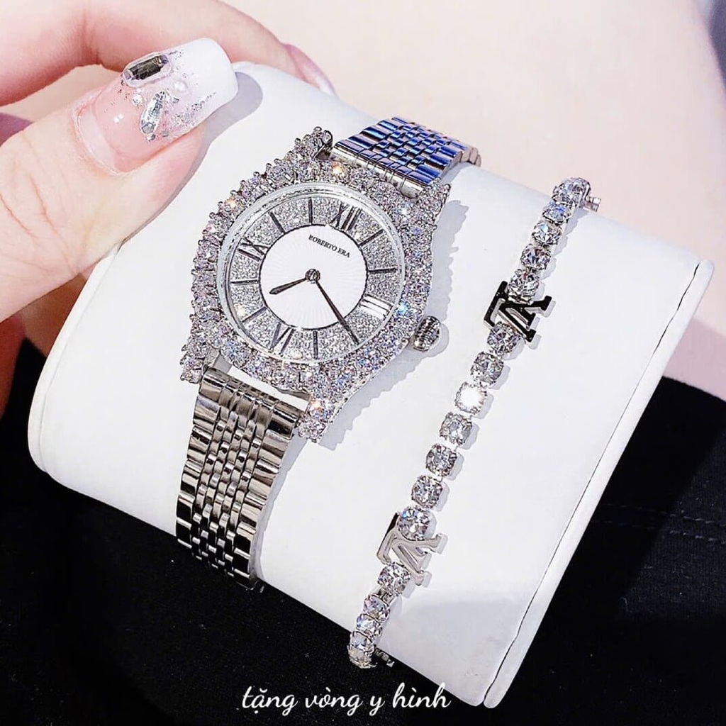 Set Đồng Hồ Nữ Roberto Era Dây Da Đen Đính Đá Silver Size 32mm RE8344 Tặng Kèm Bộ Dây Kim Loại Và Vòng Tay