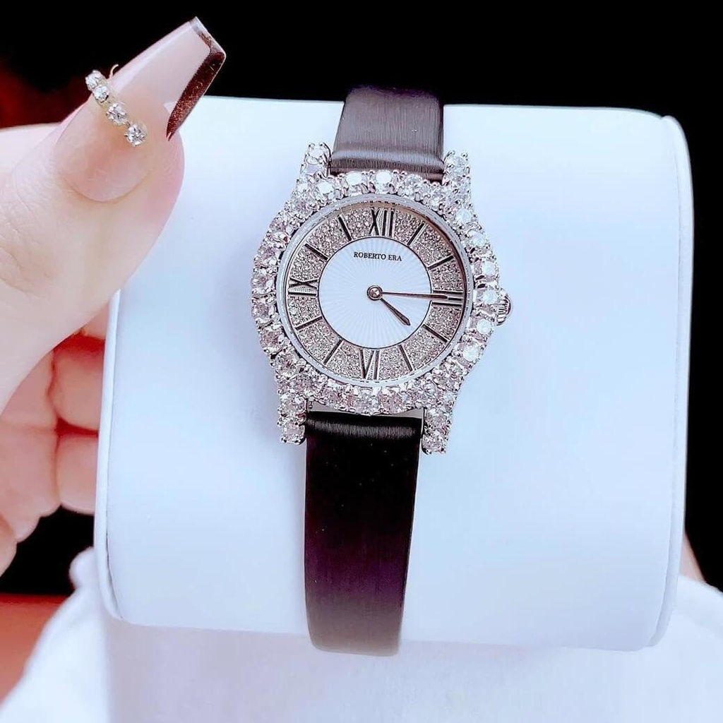 Set Đồng Hồ Nữ Roberto Era Dây Da Đen Đính Đá Silver Size 32mm RE8344 Tặng Kèm Bộ Dây Kim Loại Và Vòng Tay
