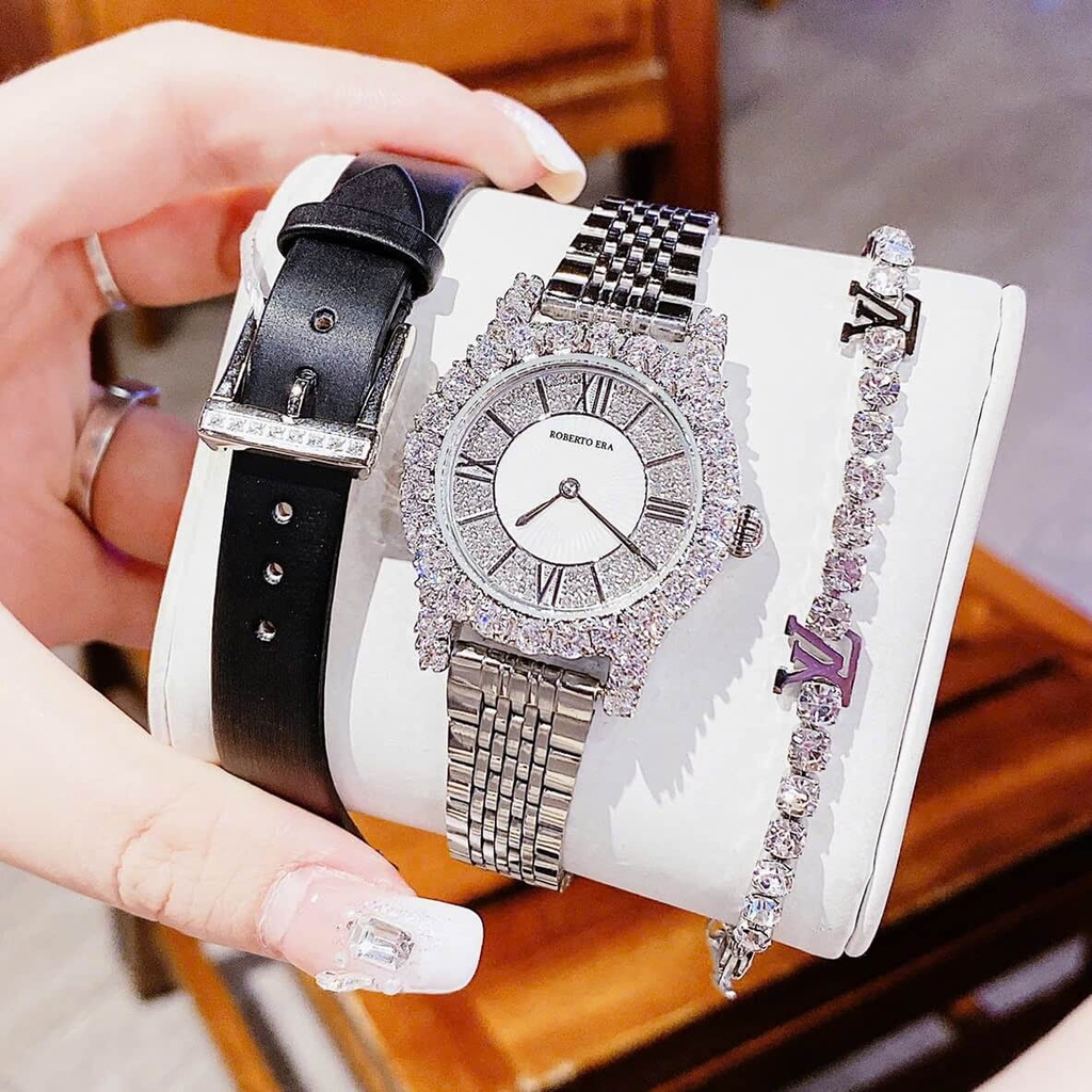 Set Đồng Hồ Nữ Roberto Era Dây Da Đen Đính Đá Silver Size 32mm RE8344 Tặng Kèm Bộ Dây Kim Loại Và Vòng Tay