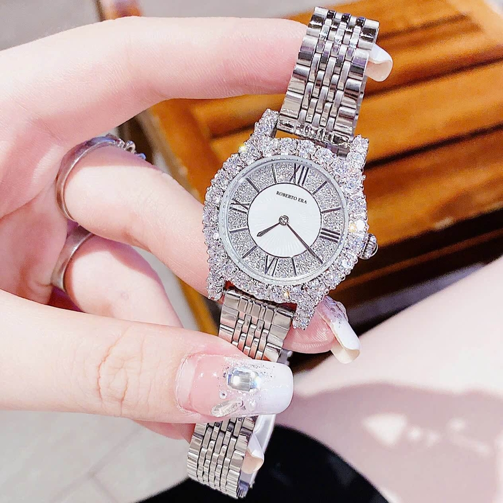 Set Đồng Hồ Nữ Roberto Era Dây Da Đen Đính Đá Silver Size 32mm RE8344 Tặng Kèm Bộ Dây Kim Loại Và Vòng Tay