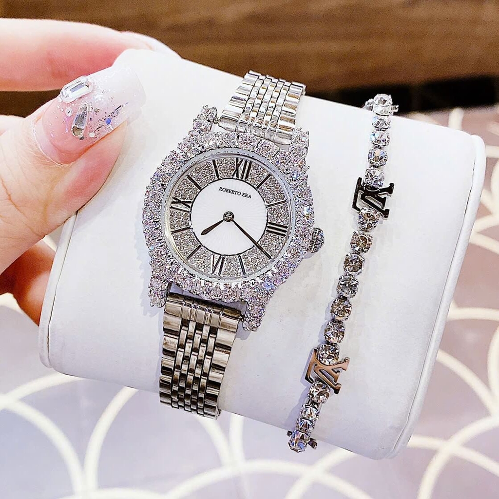 Set Đồng Hồ Nữ Roberto Era Dây Da Đen Đính Đá Silver Size 32mm RE8344 Tặng Kèm Bộ Dây Kim Loại Và Vòng Tay