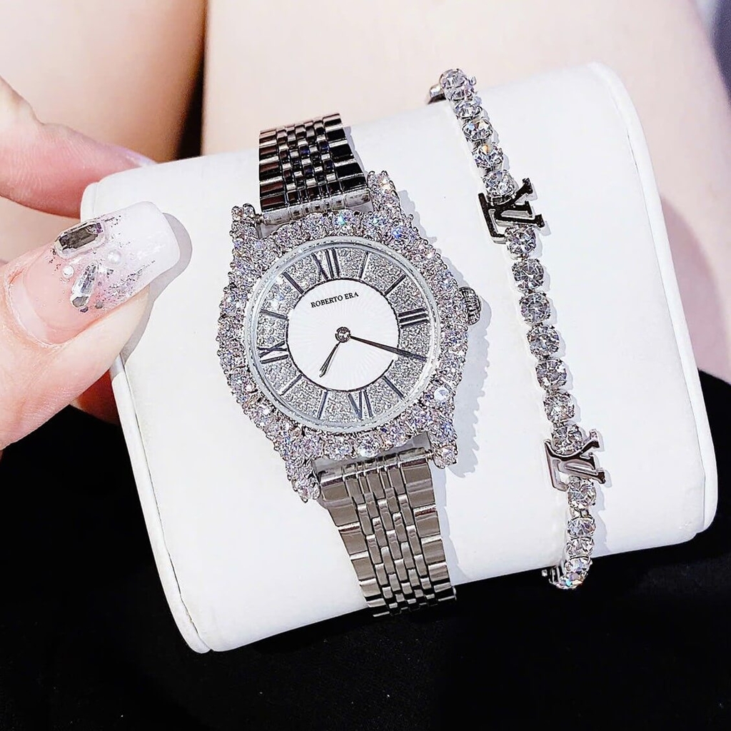 Set Đồng Hồ Nữ Roberto Era Dây Da Đen Đính Đá Silver Size 32mm RE8344 Tặng Kèm Bộ Dây Kim Loại Và Vòng Tay