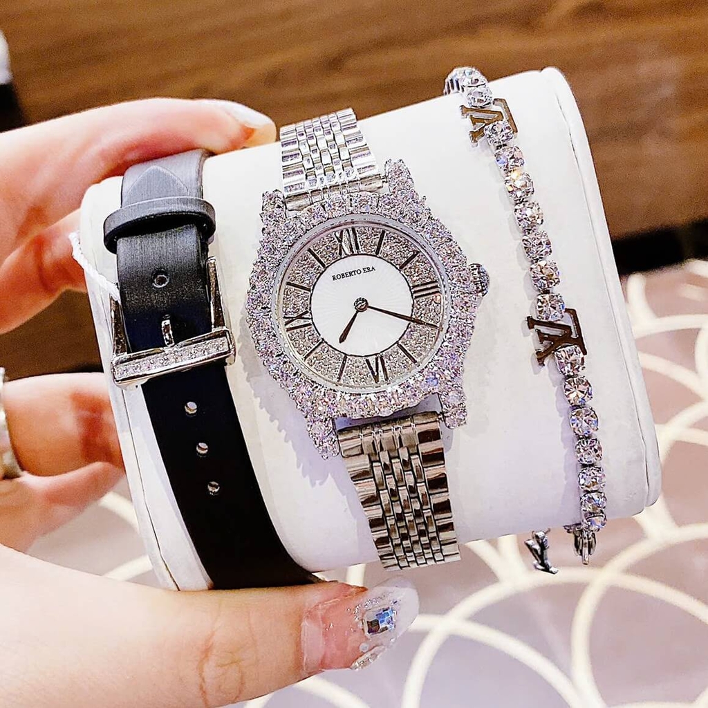 Set Đồng Hồ Nữ Roberto Era Dây Da Đen Đính Đá Silver Size 32mm RE8344 Tặng Kèm Bộ Dây Kim Loại Và Vòng Tay