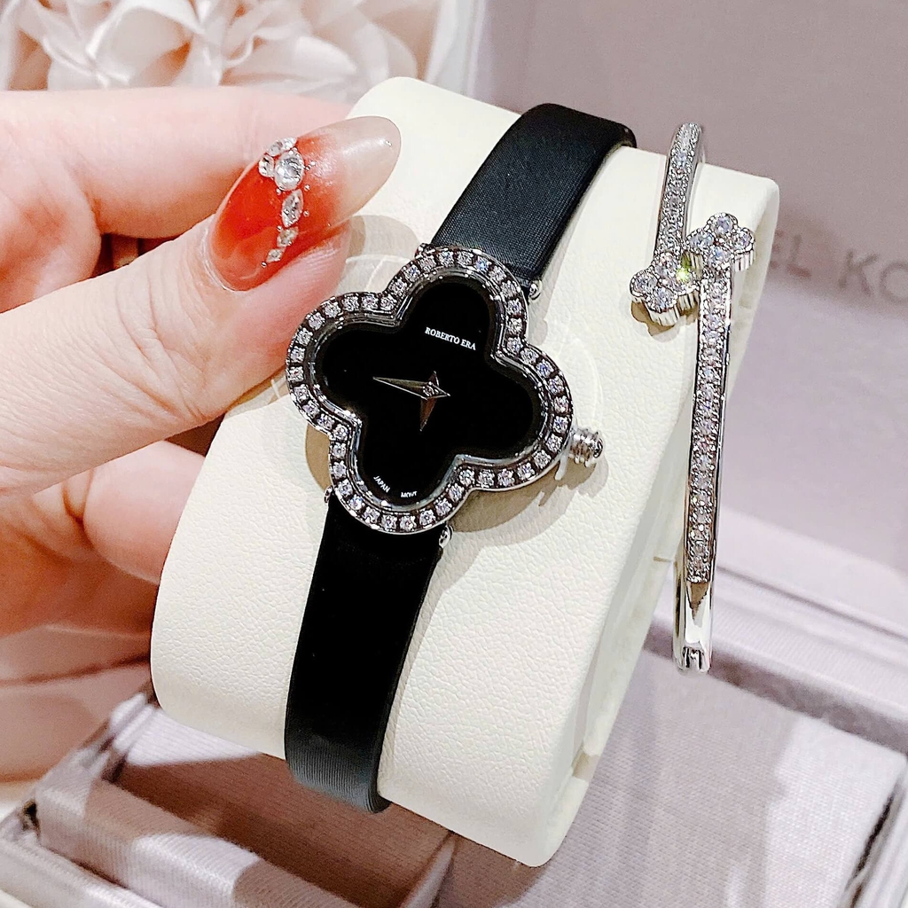 Set Đồng Hồ Nữ Roberto Era Dây Da Đen Mặt Cỏ 4 Lá Viền Đá Silver Size 28mm ER2602 Chính Hãng Tặng Kèm Lắc Tay