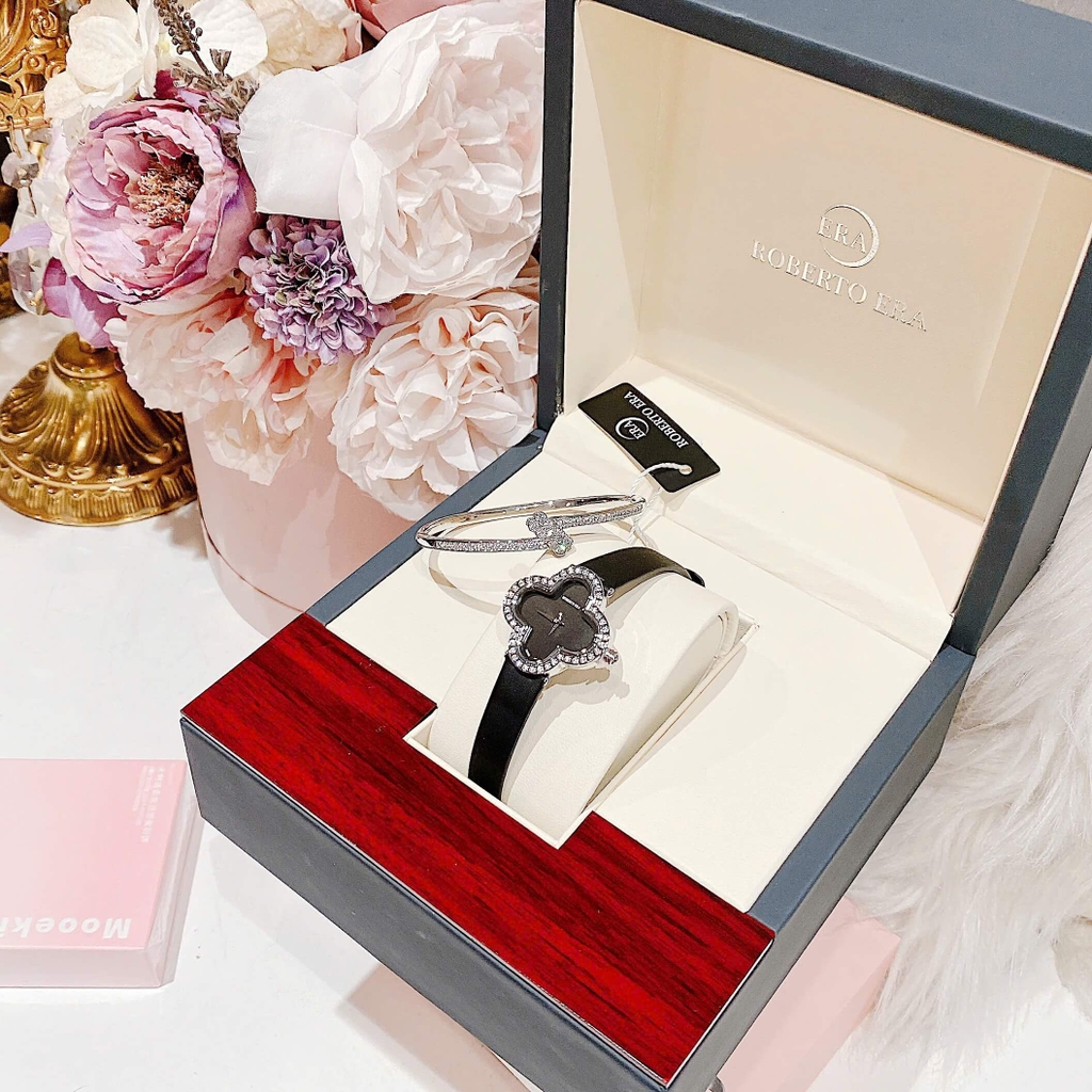 Set Đồng Hồ Nữ Roberto Era Dây Da Đen Mặt Cỏ 4 Lá Viền Đá Silver Size 28mm ER2602 Chính Hãng Tặng Kèm Lắc Tay