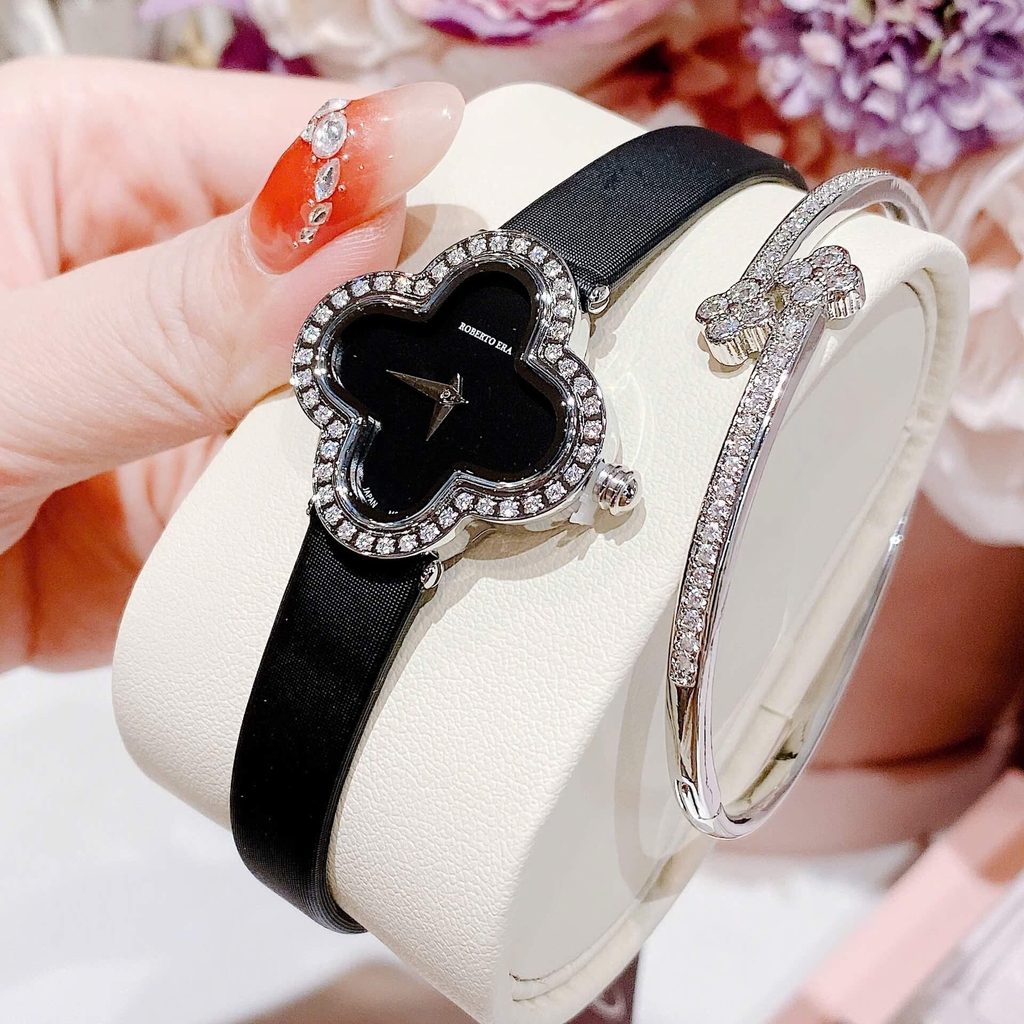 Set Đồng Hồ Nữ Roberto Era Dây Da Đen Mặt Cỏ 4 Lá Viền Đá Silver Size 28mm ER2602 Chính Hãng Tặng Kèm Lắc Tay