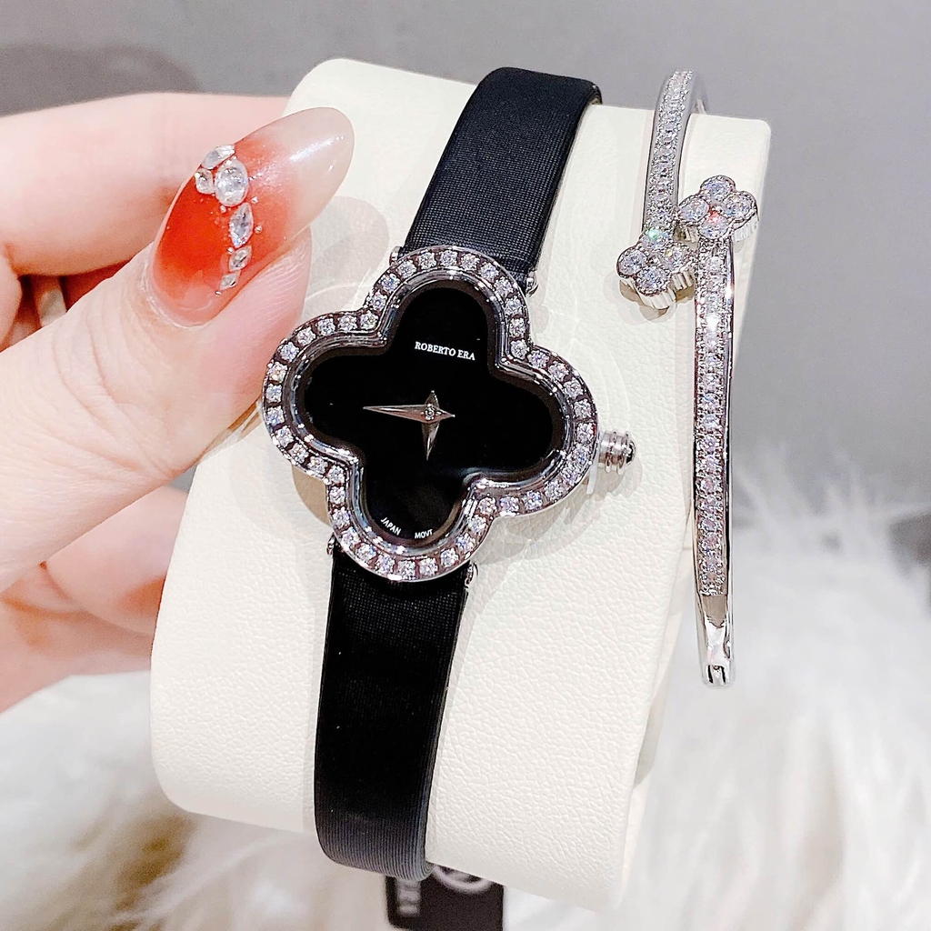 Set Đồng Hồ Nữ Roberto Era Dây Da Đen Mặt Cỏ 4 Lá Viền Đá Silver Size 28mm ER2602 Chính Hãng Tặng Kèm Lắc Tay