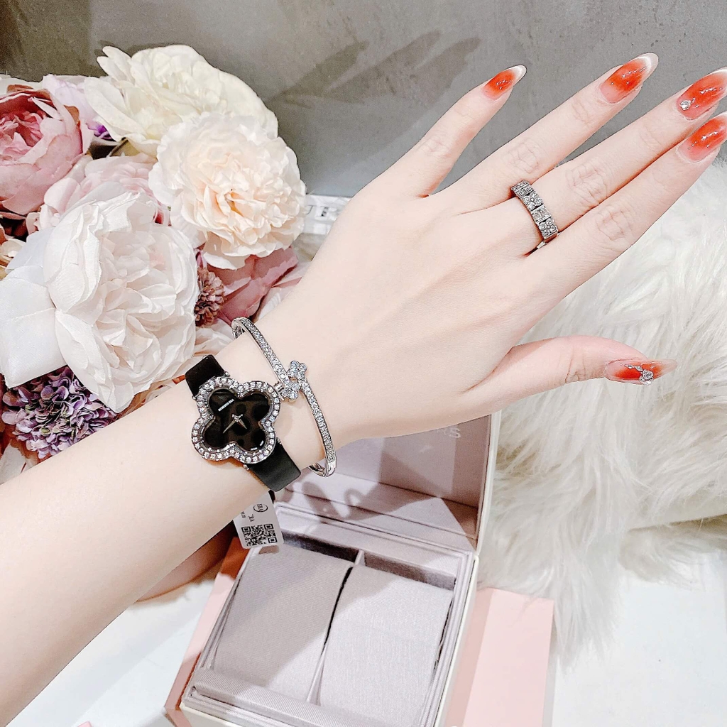 Set Đồng Hồ Nữ Roberto Era Dây Da Đen Mặt Cỏ 4 Lá Viền Đá Silver Size 28mm ER2602 Chính Hãng Tặng Kèm Lắc Tay