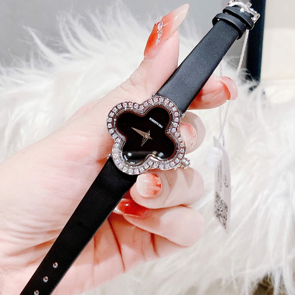 Set Đồng Hồ Nữ Roberto Era Dây Da Đen Mặt Cỏ 4 Lá Viền Đá Silver Size 28mm ER2602 Chính Hãng Tặng Kèm Lắc Tay
