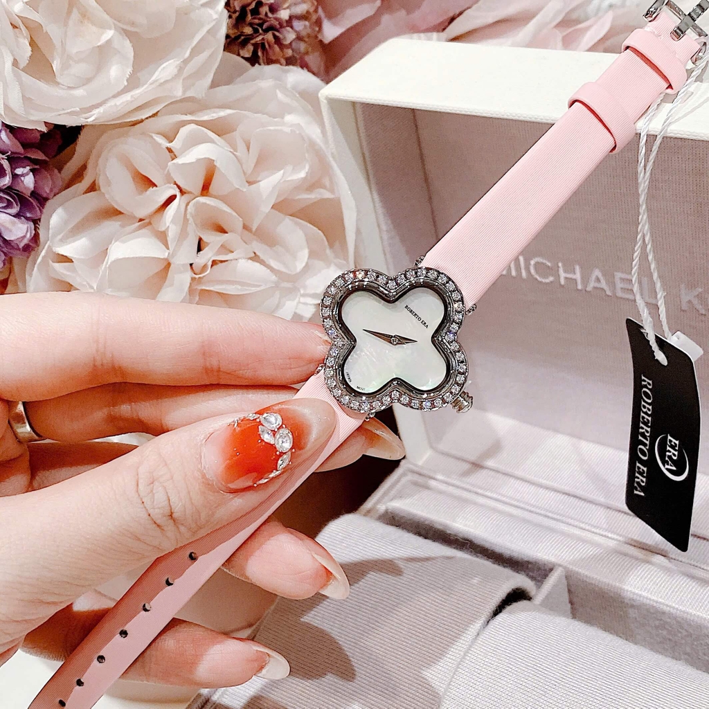 Set Đồng Hồ Nữ Roberto Era Dây Da Hồng Mặt Cỏ 4 Lá Xà Cừ Trắng Viền Đá Size 28mm ER260 Chính Hãng Tặng Kèm Lắc Tay