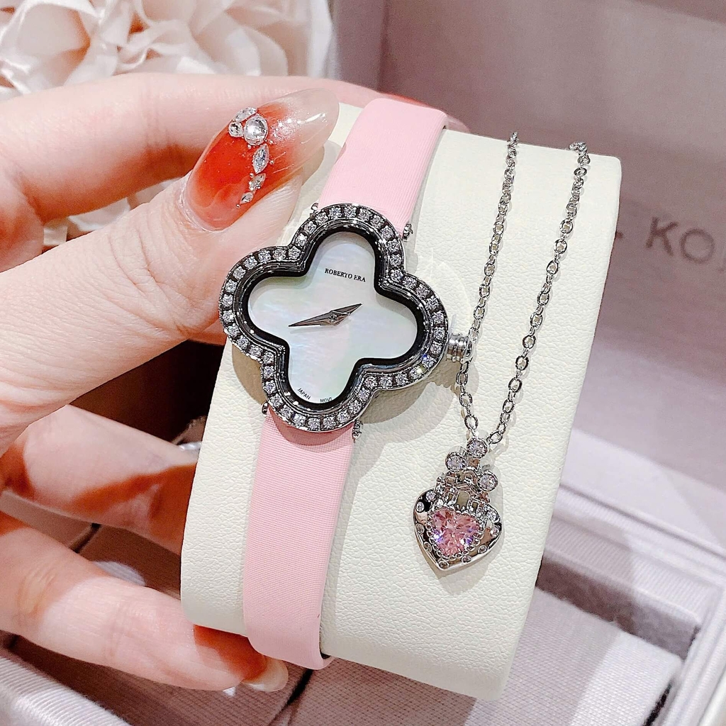 Set Đồng Hồ Nữ Roberto Era Dây Da Hồng Mặt Cỏ 4 Lá Xà Cừ Trắng Viền Đá Size 28mm ER260 Chính Hãng Tặng Kèm Lắc Tay