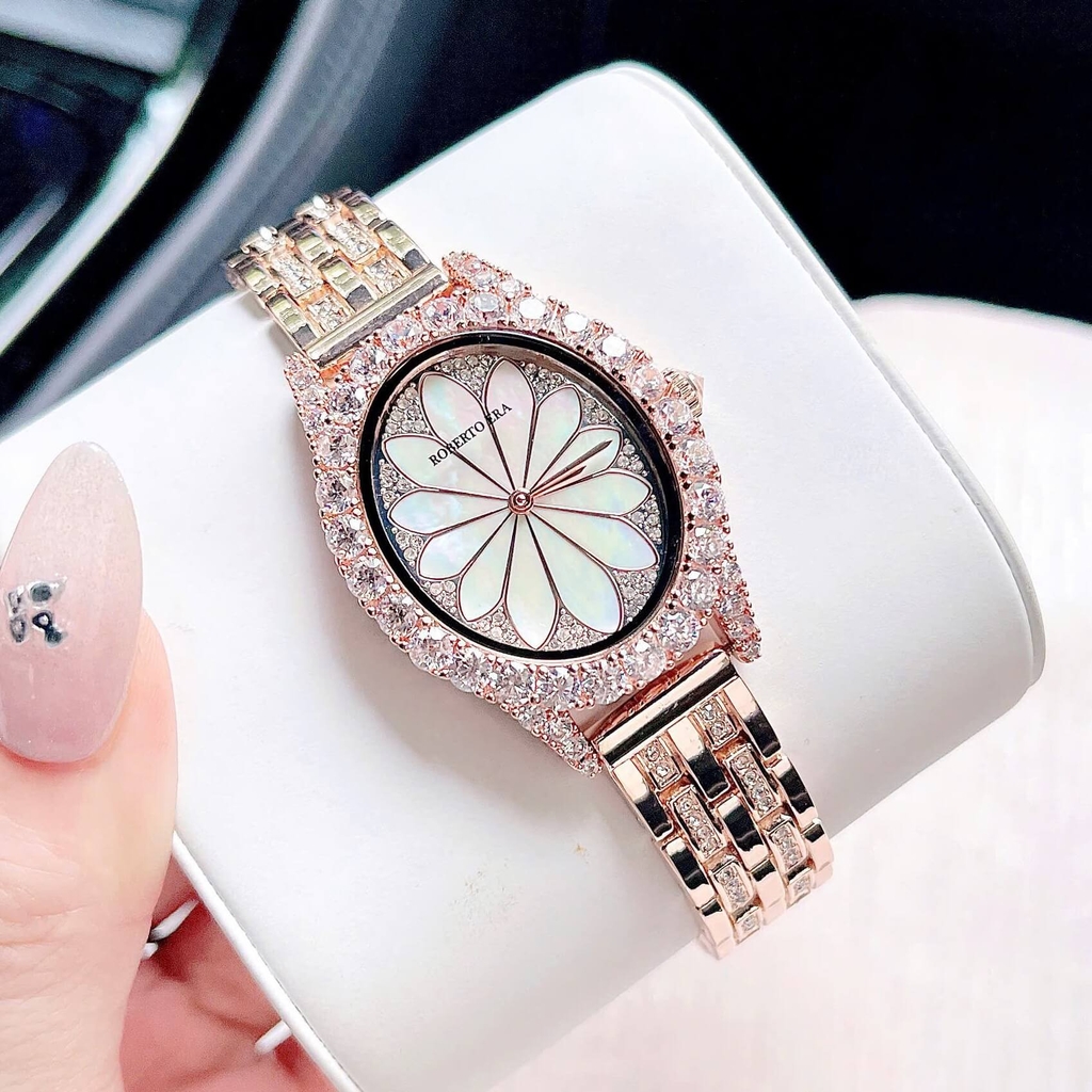 Set Đồng Hồ Nữ Roberto Era Dây Da Lụa Đen Mặt Oval Họa Tiết 12 Cánh Hoa Size 33mm Viền Đá Rose RE2204 Tặng Kèm Bộ Dây Kim Loại và Lắc Tay