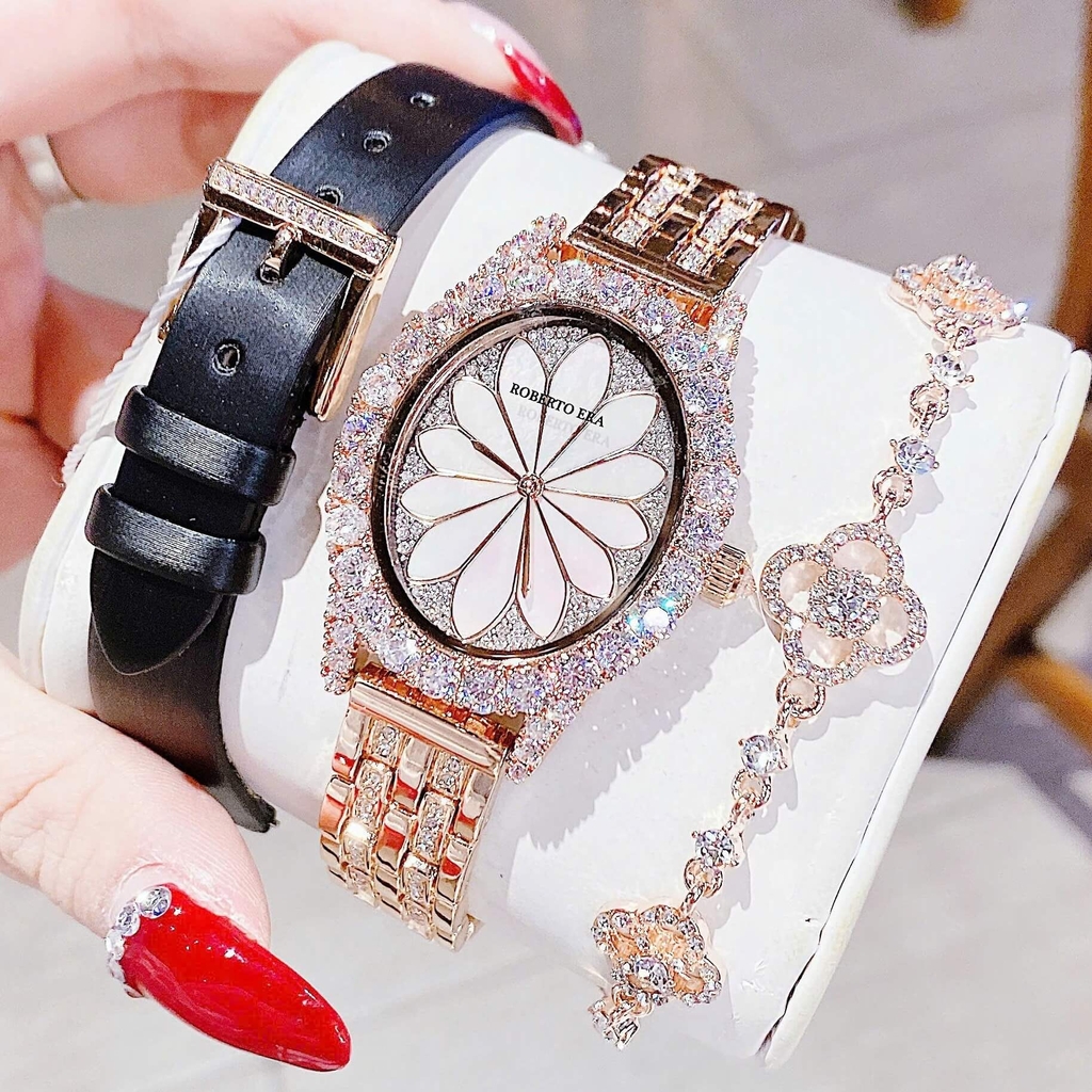 Set Đồng Hồ Nữ Roberto Era Dây Da Lụa Đen Mặt Oval Họa Tiết 12 Cánh Hoa Size 33mm Viền Đá Rose RE2204 Tặng Kèm Bộ Dây Kim Loại và Lắc Tay