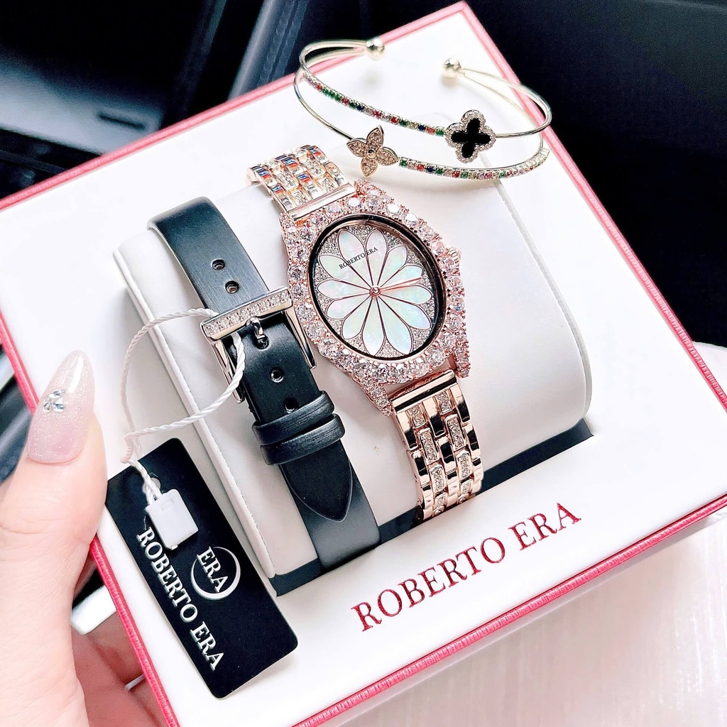 Set Đồng Hồ Nữ Roberto Era Dây Da Lụa Đen Mặt Oval Họa Tiết 12 Cánh Hoa Size 33mm Viền Đá Rose RE2204 Tặng Kèm Bộ Dây Kim Loại Và Vòng Tay