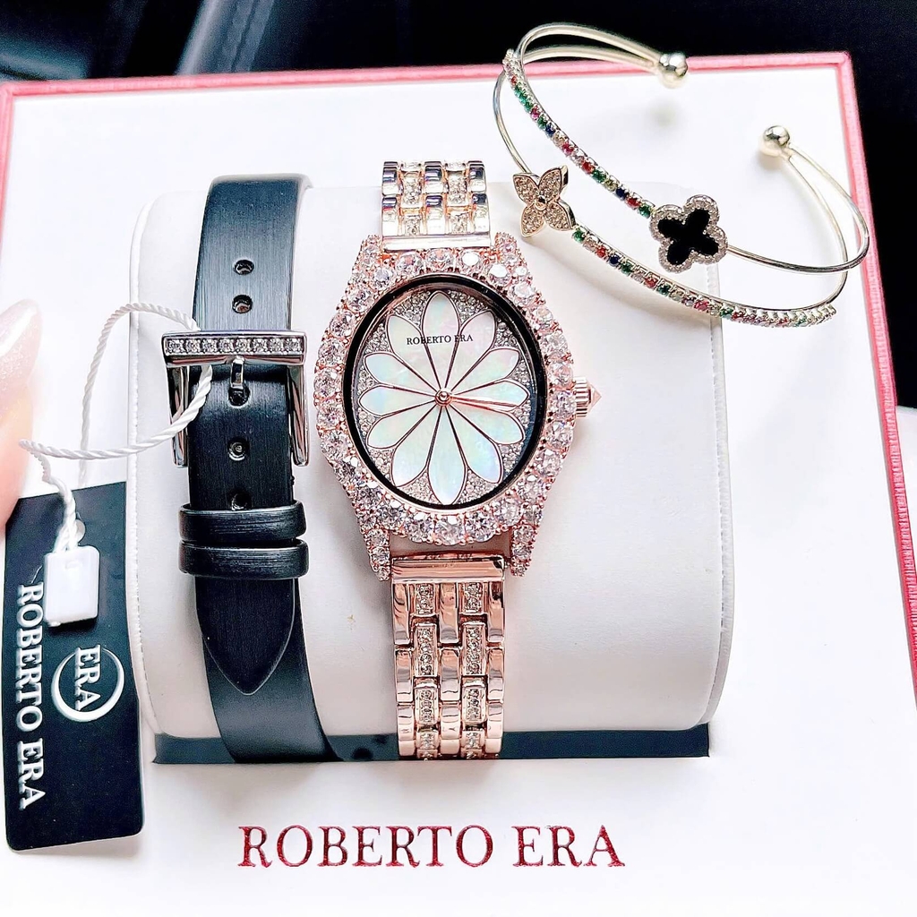 Set Đồng Hồ Nữ Roberto Era Dây Da Lụa Đen Mặt Oval Họa Tiết 12 Cánh Hoa Size 33mm Viền Đá Rose RE2204 Tặng Kèm Bộ Dây Kim Loại Và Vòng Tay