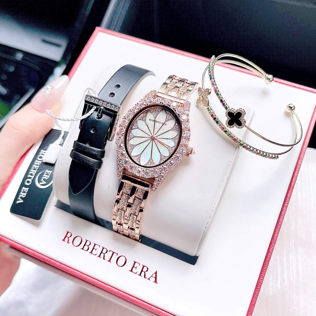 Set Đồng Hồ Nữ Roberto Era Dây Da Lụa Đen Mặt Oval Họa Tiết 12 Cánh Hoa Size 33mm Viền Đá Rose RE2204 Tặng Kèm Bộ Dây Kim Loại Và Vòng Tay