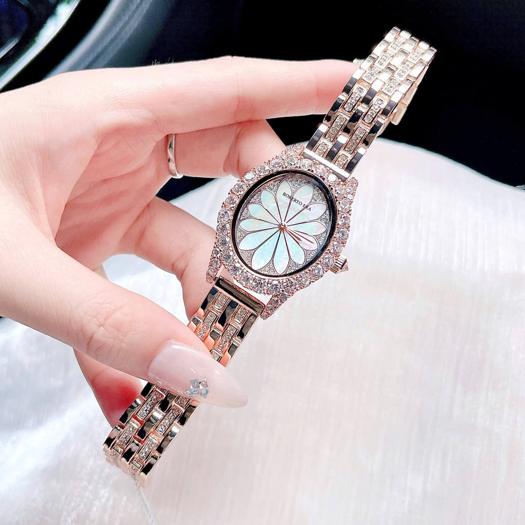 Set Đồng Hồ Nữ Roberto Era Dây Da Lụa Đen Mặt Oval Họa Tiết 12 Cánh Hoa Size 33mm Viền Đá Rose RE2204 Tặng Kèm Bộ Dây Kim Loại Và Vòng Tay