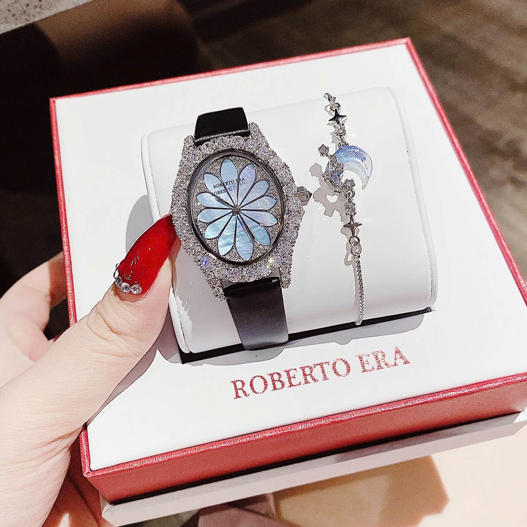 Set Đồng Hồ Nữ Roberto Era Dây Da Lụa Đen Mặt Oval Họa Tiết 12 Cánh Hoa Size 33mm Viền Đá Silver RE2207 Tặng Kèm Vòng Tay