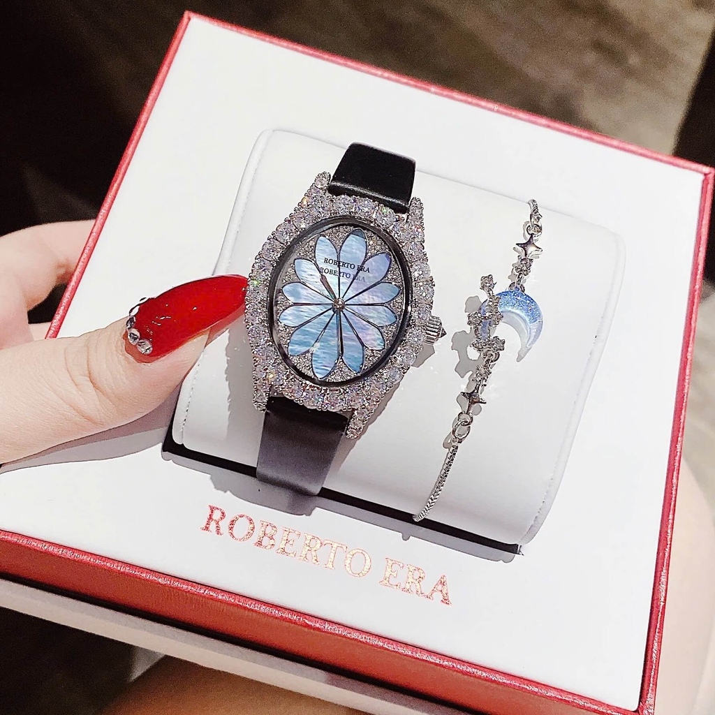 Set Đồng Hồ Nữ Roberto Era Dây Da Lụa Đen Mặt Oval Họa Tiết 12 Cánh Hoa Size 33mm Viền Đá Silver RE2207 Tặng Kèm Vòng Tay
