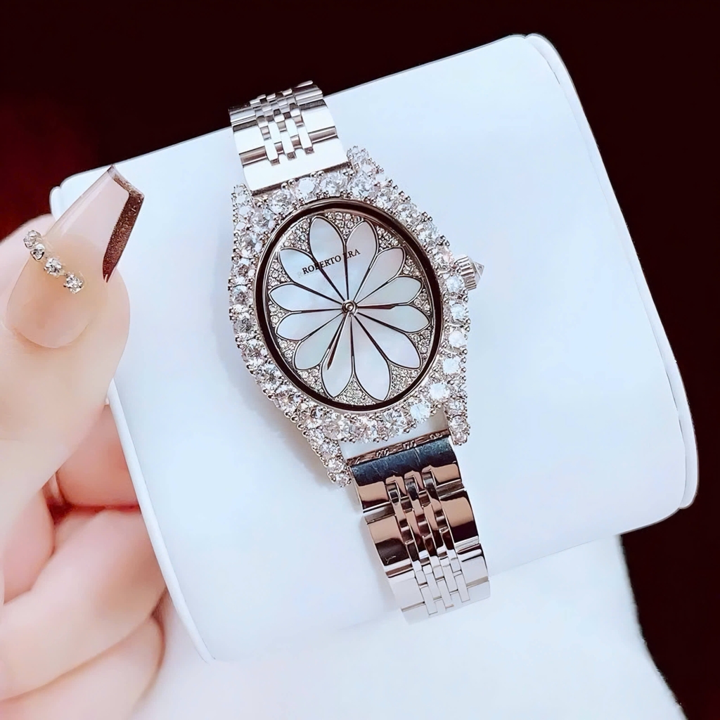Set Đồng Hồ Nữ Roberto Era Dây Da Lụa Đỏ Mặt Oval Họa Tiết 12 Cánh Hoa Size 33mm Viền Đá RE220 Tặng Kèm Bộ Dây Kim Loại Và Vòng Tay