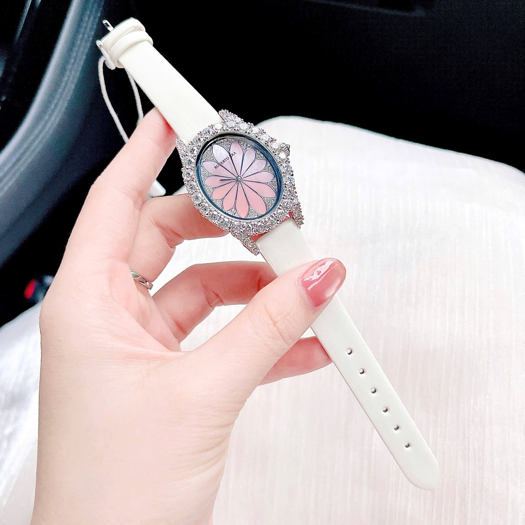 Set Đồng Hồ Nữ Roberto Era Dây Da Lụa Hồng Mặt Oval Họa Tiết 12 Cánh Hoa Size 33mm Viền Đá RE2205 Tặng Kèm Bộ Dây Da Và Vòng Tay