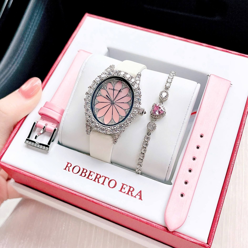 Set Đồng Hồ Nữ Roberto Era Dây Da Lụa Hồng Mặt Oval Họa Tiết 12 Cánh Hoa Size 33mm Viền Đá RE2205 Tặng Kèm Bộ Dây Da Và Vòng Tay