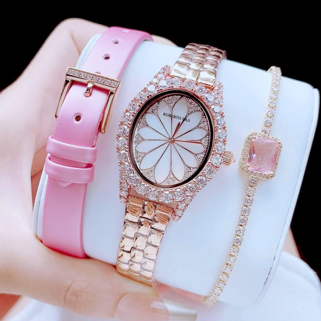 Set Đồng Hồ Nữ Roberto Era Dây Da Lụa Hồng Mặt Oval Họa Tiết 12 Cánh Hoa Size 33mm Viền Đá Rose RE2205 Tặng Kèm Bộ Dây Kim Loại và Lắc Tay