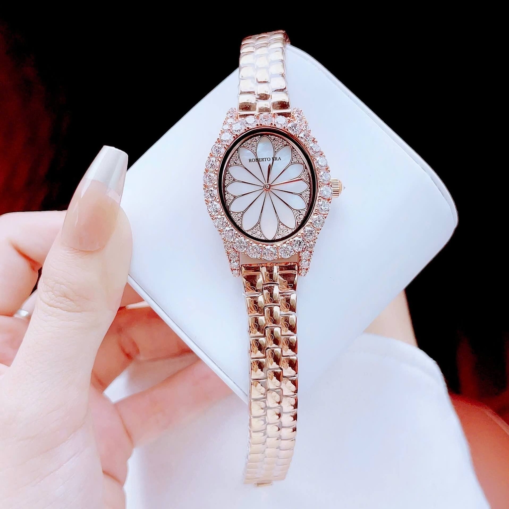 Set Đồng Hồ Nữ Roberto Era Dây Da Lụa Hồng Mặt Oval Họa Tiết 12 Cánh Hoa Size 33mm Viền Đá Rose RE2205 Tặng Kèm Bộ Dây Kim Loại và Lắc Tay