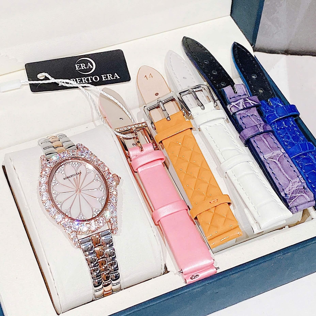 Set Đồng Hồ Nữ Roberto Era Dây Da Lụa Hồng Mặt Oval Họa Tiết 12 Cánh Hoa Size 33mm Viền Đá Rose RE2208 Tặng Kèm Bộ Dây Kim Loại Và 4 Bộ Dây Da