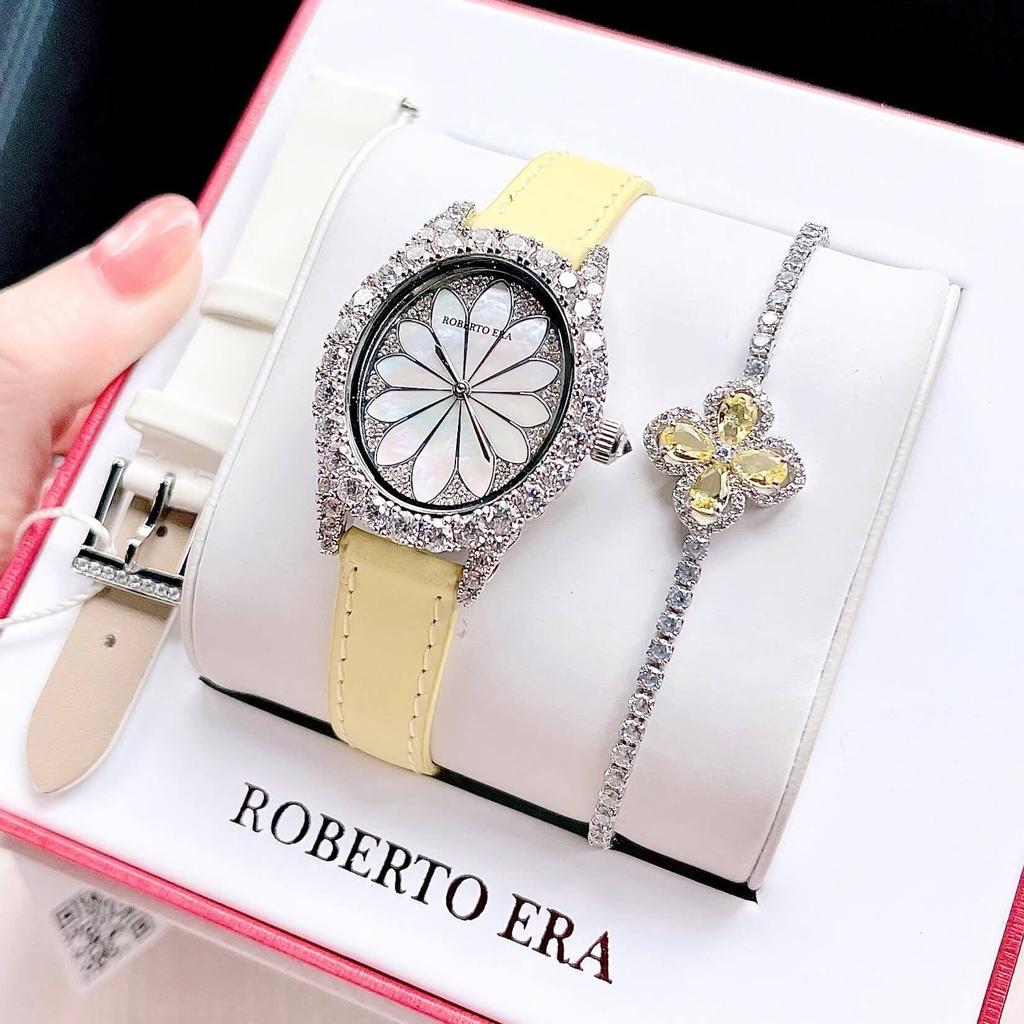 Set Đồng Hồ Nữ Roberto Era Dây Da Lụa Trắng Mặt Oval Họa Tiết 12 Cánh Hoa Size 33mm Viền Đá RE2201 Tặng Kèm Bộ Dây Da Và Vòng Tay