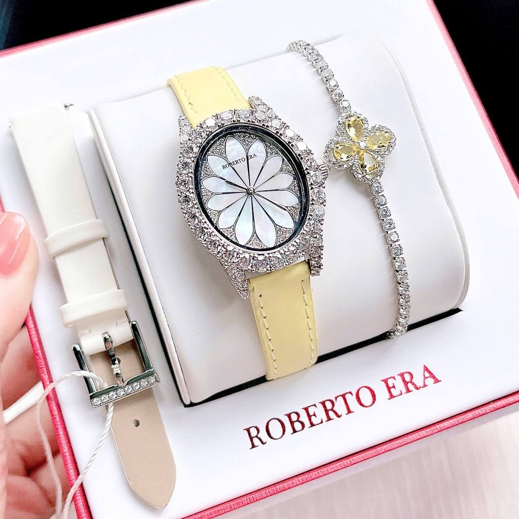 Set Đồng Hồ Nữ Roberto Era Dây Da Lụa Trắng Mặt Oval Họa Tiết 12 Cánh Hoa Size 33mm Viền Đá RE2201 Tặng Kèm Bộ Dây Da Và Vòng Tay