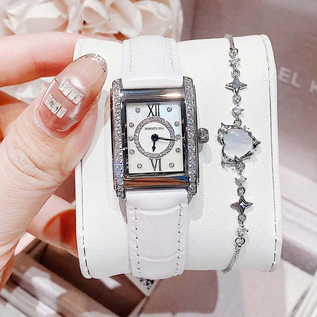 Set Đồng Hồ Nữ Roberto Era Dây Da Trắng Mặt Chữ Nhật Size 28mm Viền Mặt Đính Đá Vỏ Silver RE350